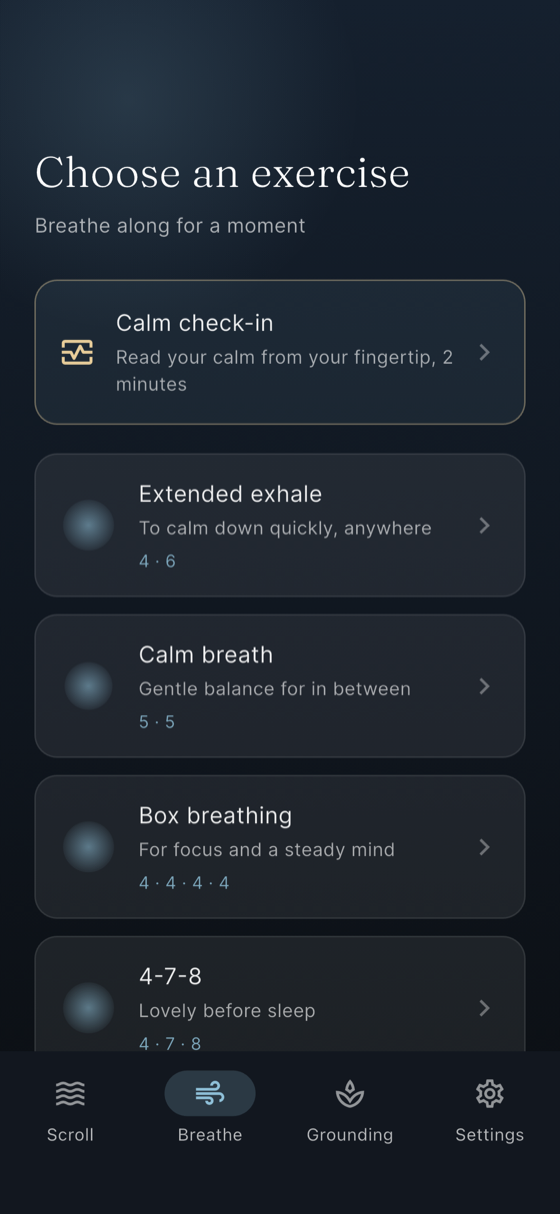 Guided breathing exercises in Calm Moments